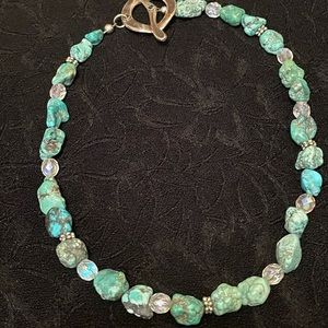 Raw Turquoise stone and Czech crystal necklace.